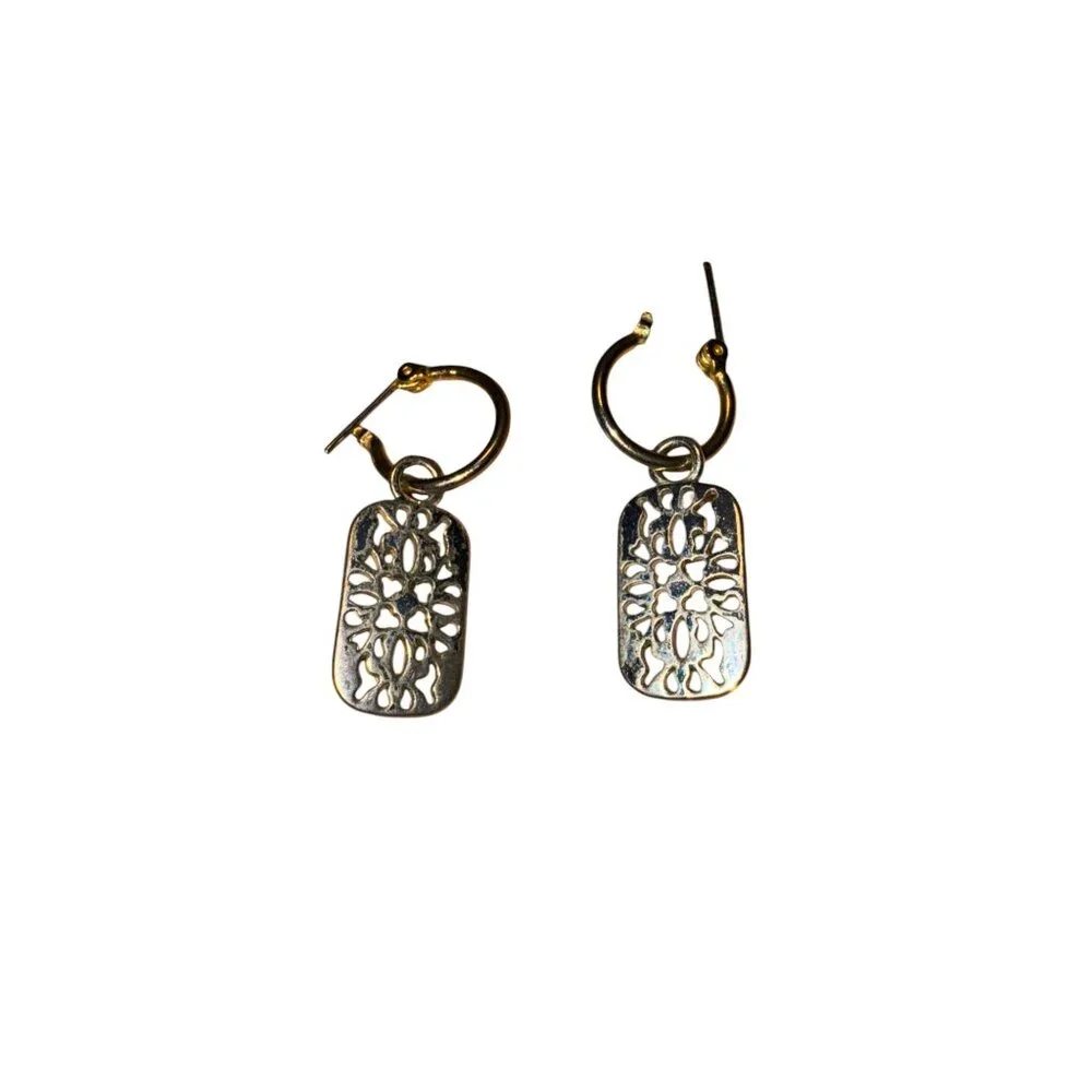 Vintage Gold & Silver Rectangular Dangle Earrings With Filigree Design - Picture 6 of 6